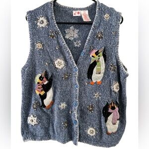 Blue penguin holiday winter button up sweater vest